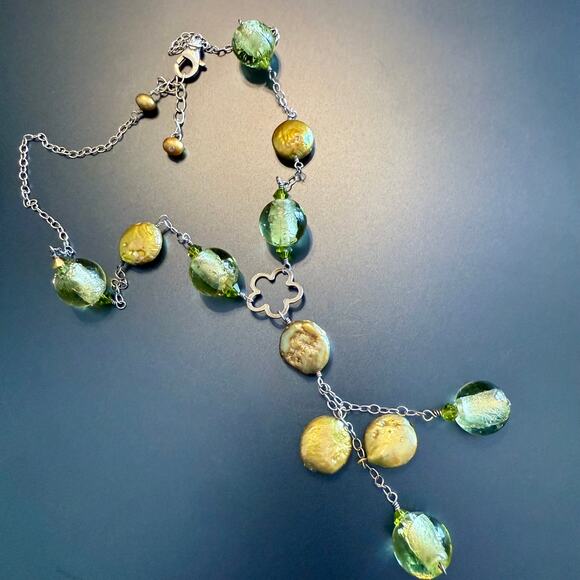 Sterling Silver Glass Mother of Pearl Lariat Chain Necklace - Picture 8 of 9